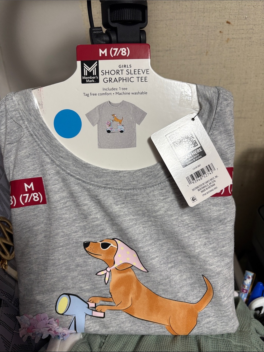 Member's Mark Girls' Gray Short Sleeve Tee with Dachshund Scooter Graphic